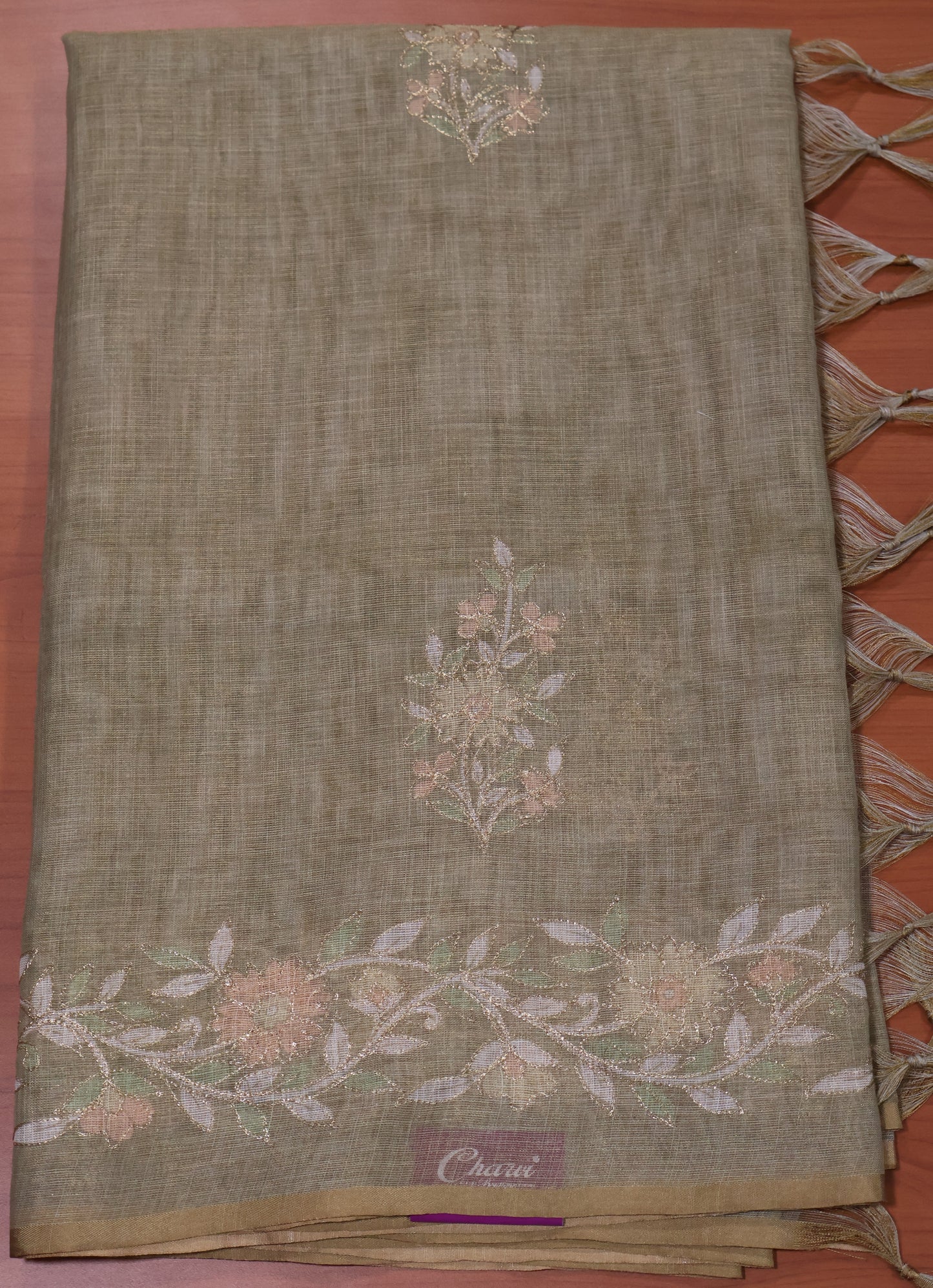 Tissue Linen Saree-Olive Green Floral Print