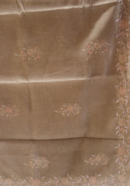 Tissue Linen Saree-Olive Green Floral Print