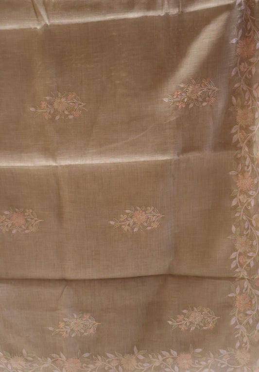 Tissue Linen Saree-Olive Green Floral Print
