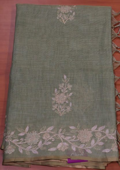 Tissue Linen Saree-Lite Green Floral Print