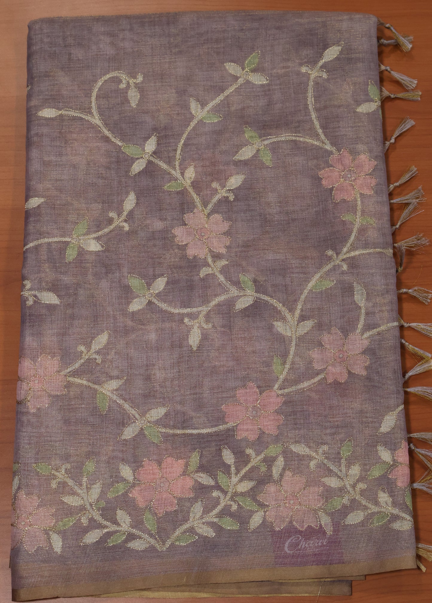 Tissue Linen Saree-Lite Purple Vineyard Floral Print