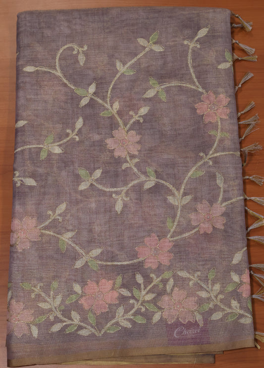 Tissue Linen Saree-Lite Purple Vineyard Floral Print