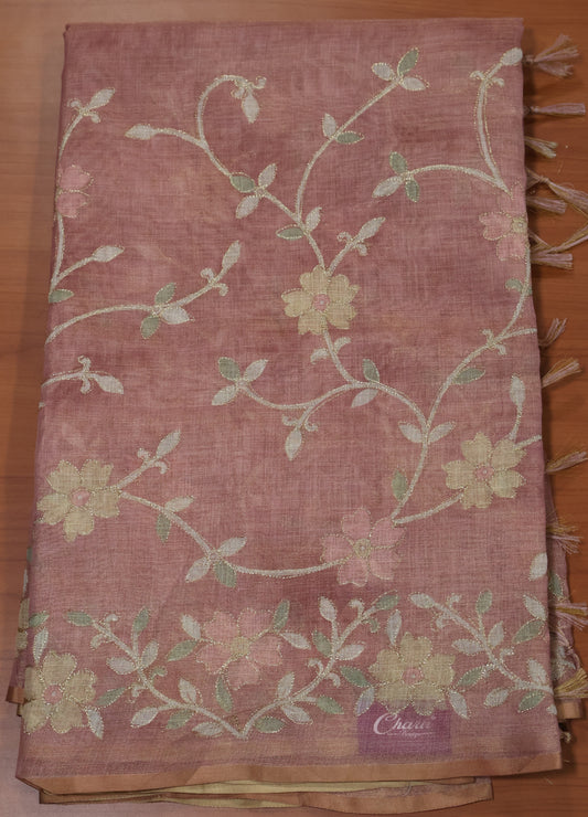 Tissue Linen Saree-Lite Pink Vineyard Floral Print