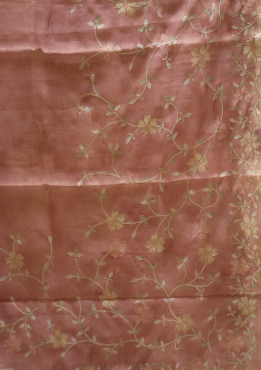 Tissue Linen Saree-Lite Pink Vineyard Floral Print