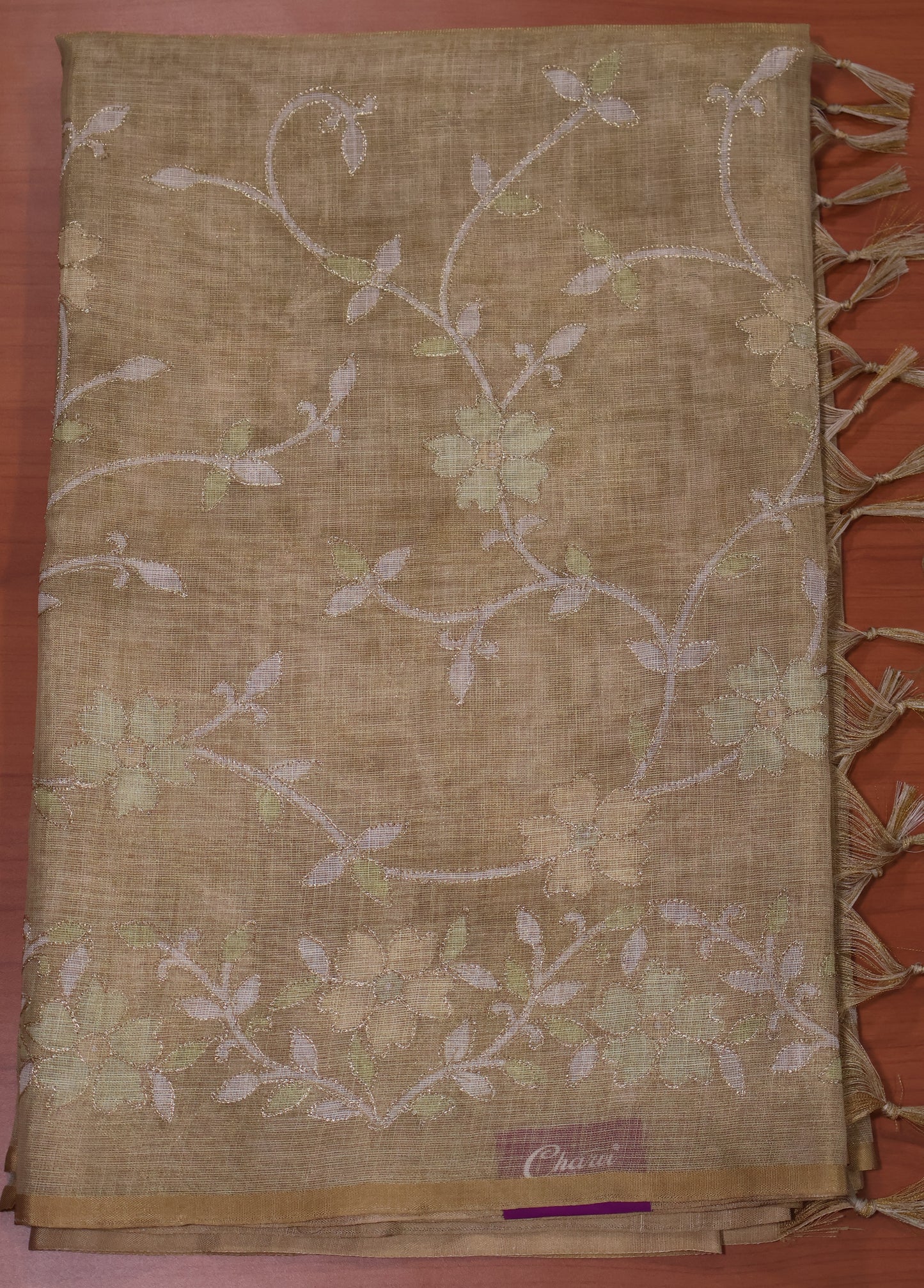 Tissue Linen Saree-Mustard Vineyard Floral Print