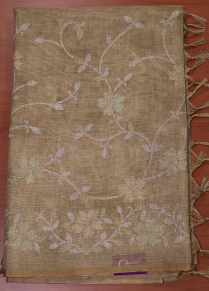 Tissue Linen Saree-Mustard Vineyard Floral Print