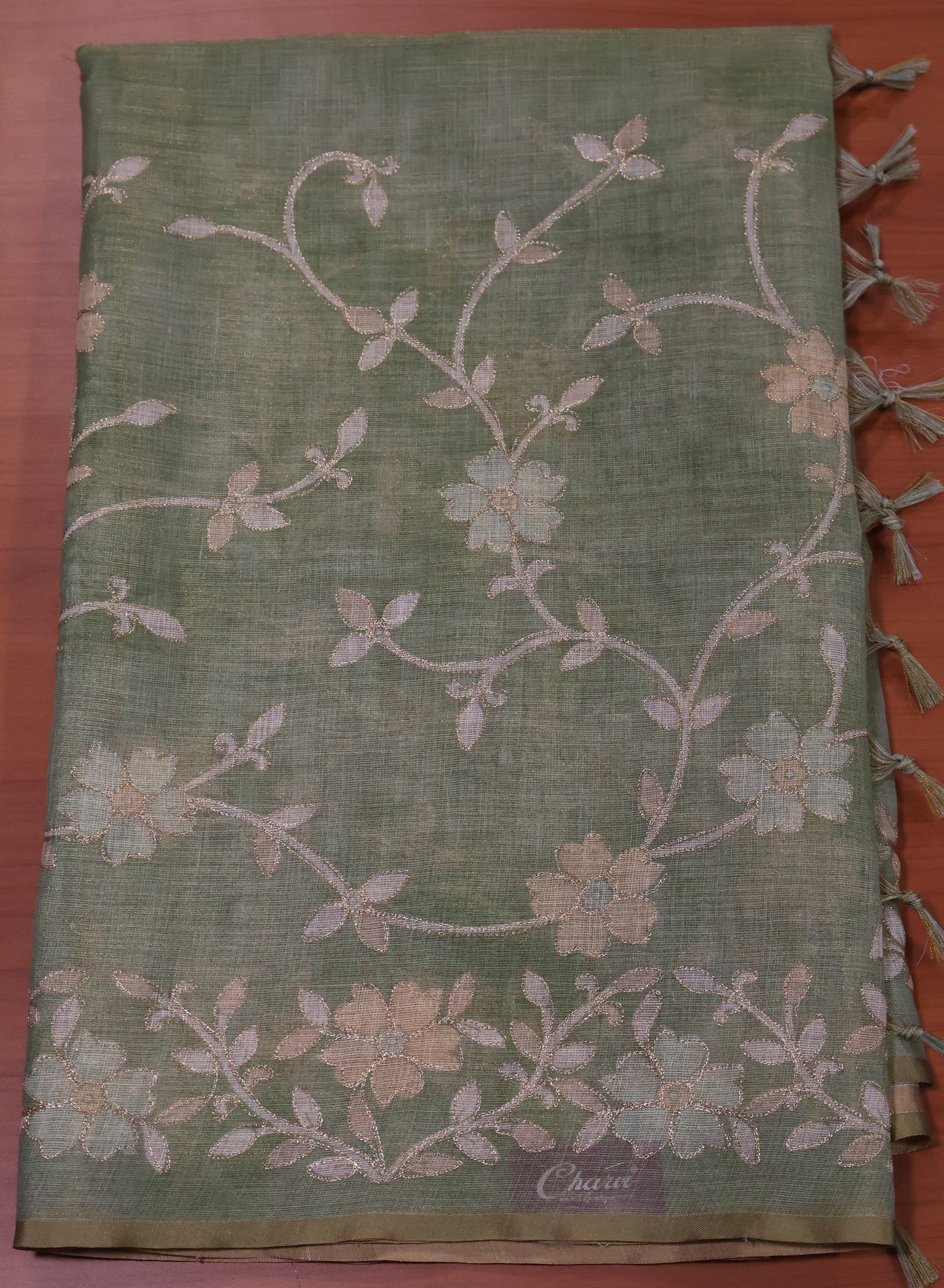 Tissue Linen Saree-Lite Green Vineyard Floral Print