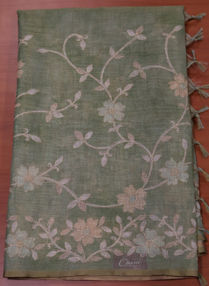 Tissue Linen Saree-Lite Green Vineyard Floral Print