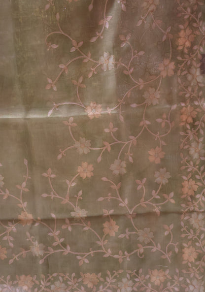 Tissue Linen Saree-Lite Green Vineyard Floral Print