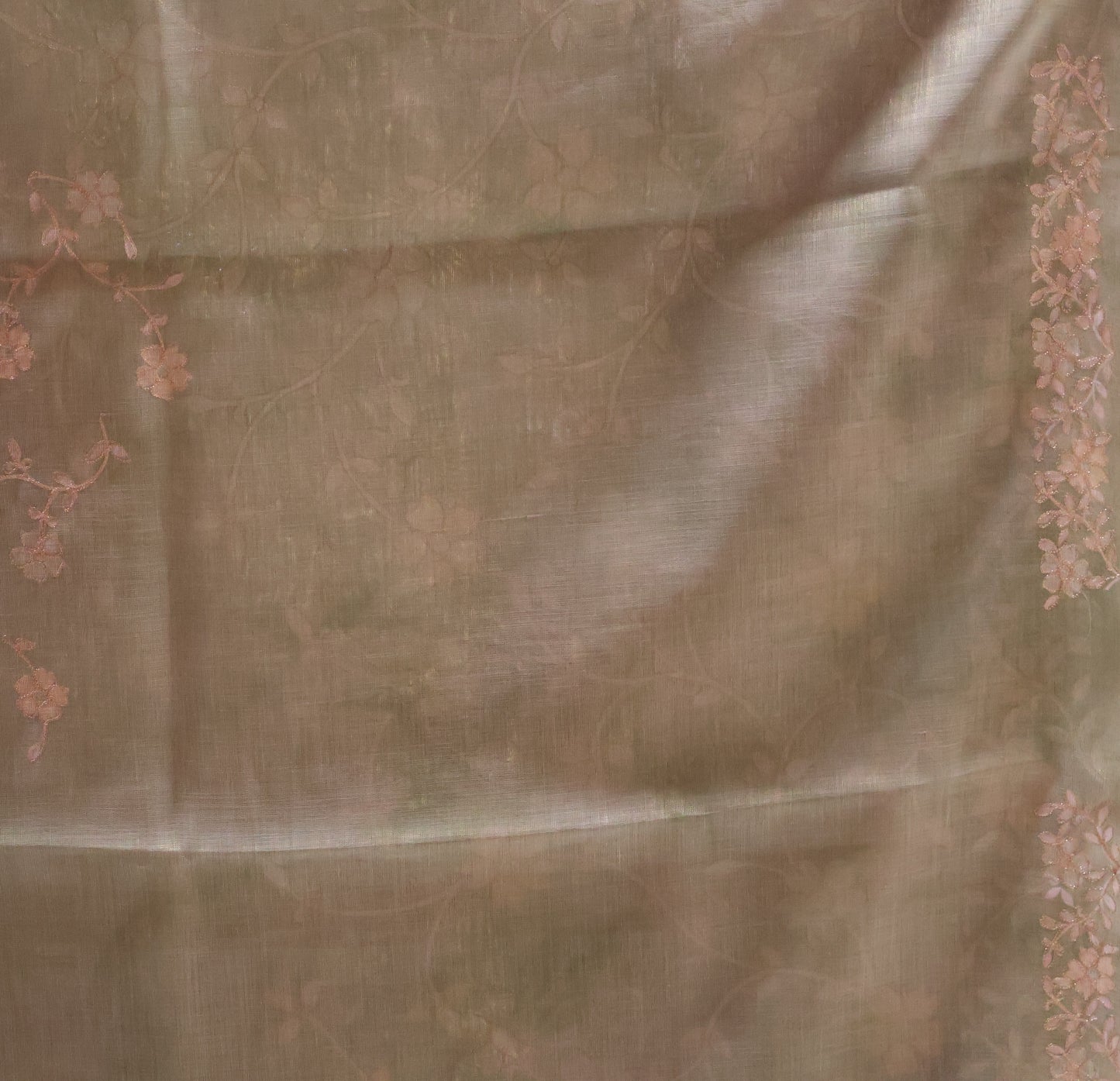 Tissue Linen Saree-Lite Green Vineyard Floral Print