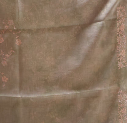 Tissue Linen Saree-Lite Green Vineyard Floral Print