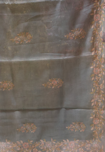 Tissue Linen Saree-Sea Blue Floral Print