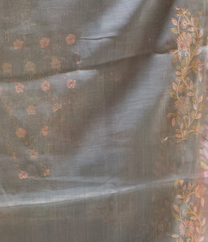Tissue Linen Saree-Sea Blue Floral Print
