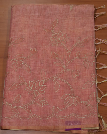 Tissue Linen Saree-Peach Pink Lotus Print