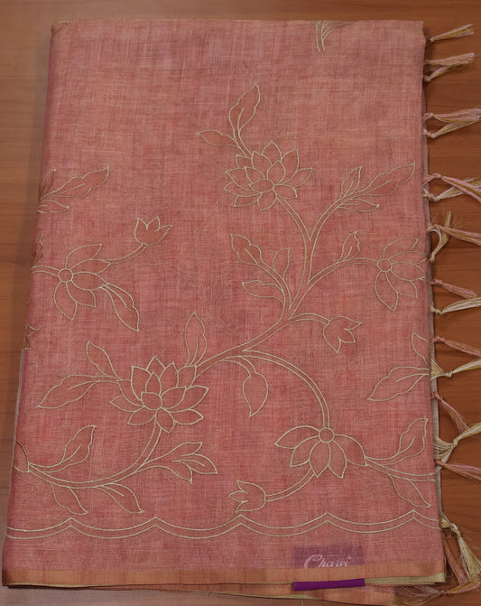 Tissue Linen Saree-Peach Pink Lotus Print