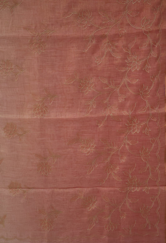 Tissue Linen Saree-Peach Pink Lotus Print