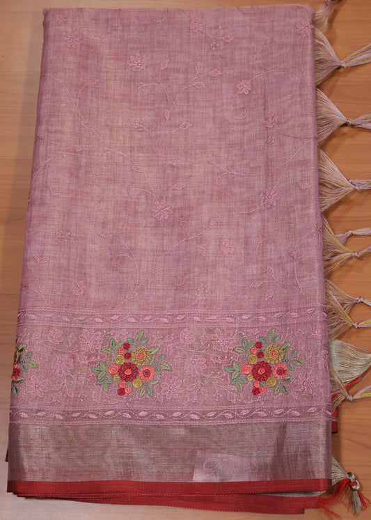 Tissue Linen Saree-Dusky Rose Vineyard