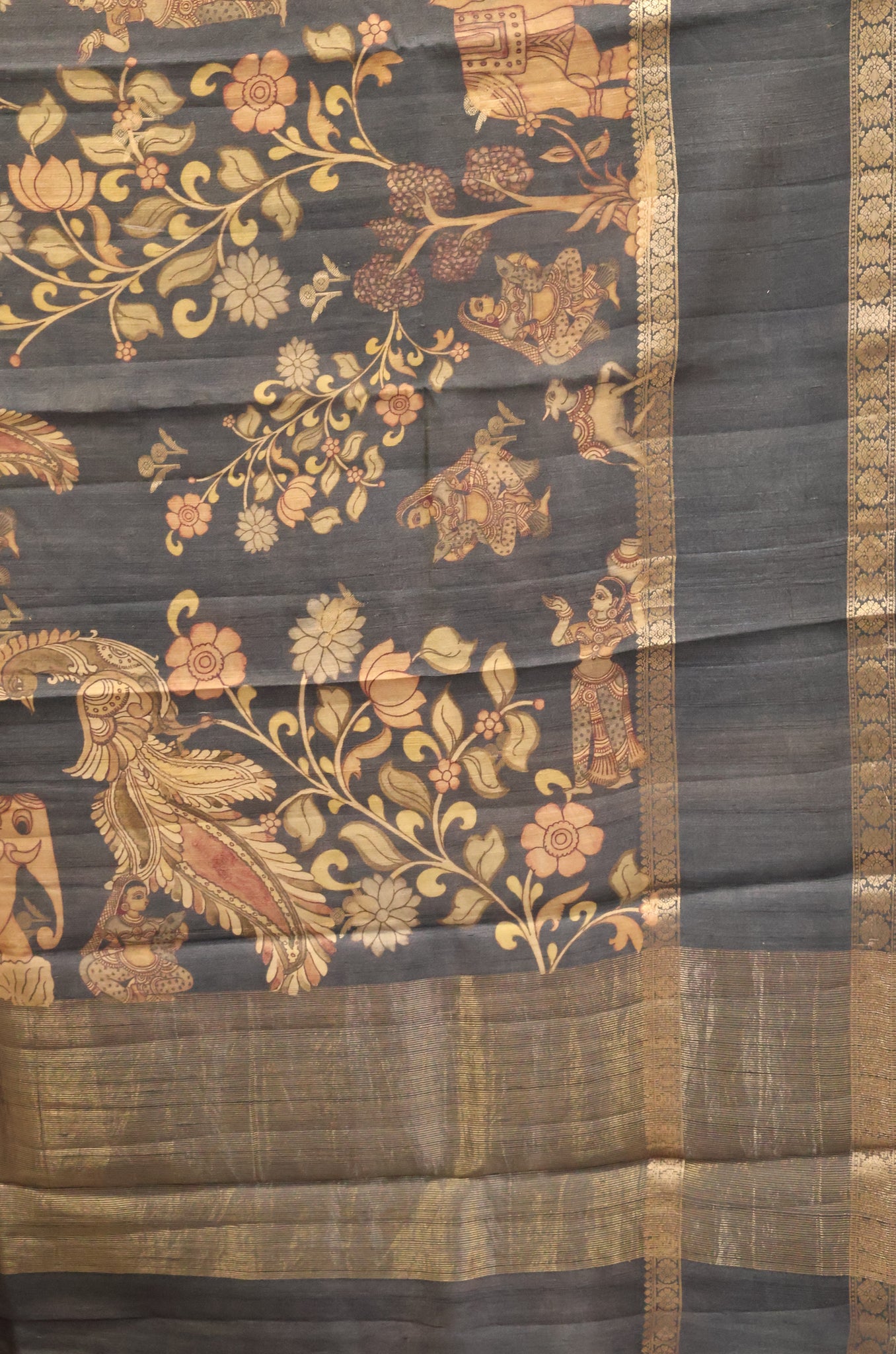 Pure Tussar Saree -Black Round Flower