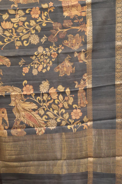 Pure Tussar Saree -Black Round Flower