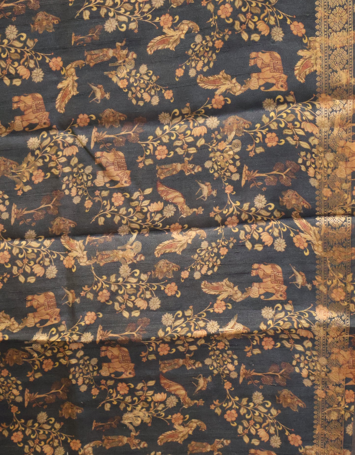 Pure Tussar Saree -Black Round Flower