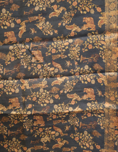 Pure Tussar Saree -Black Round Flower
