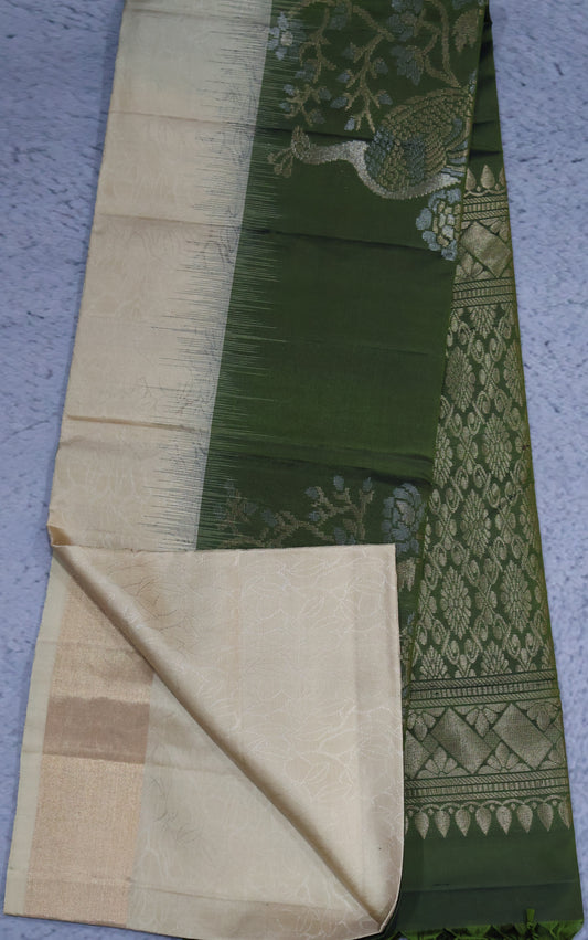 Pure Kanjivaram Silk Saree -Beige Peacock Zari