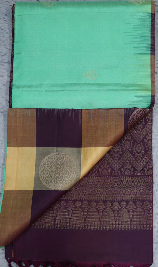 Pure Kanjivaram Saree - Teal Green Checks