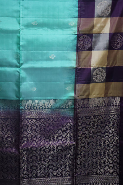Pure Kanjivaram Saree - Teal Green Checks