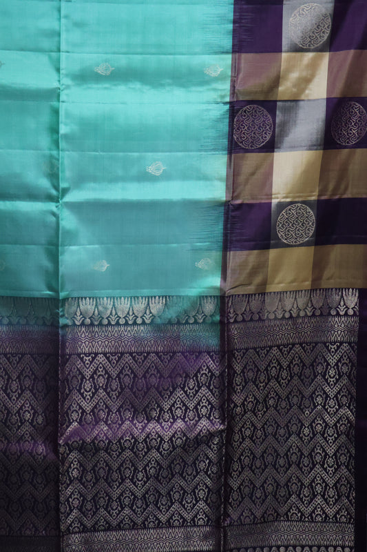 Pure Kanjivaram Saree - Teal Green Checks