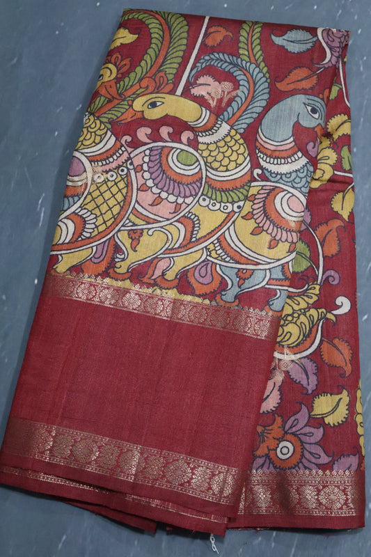 Pure Tussar Saree -Maroon Kalamkari Border