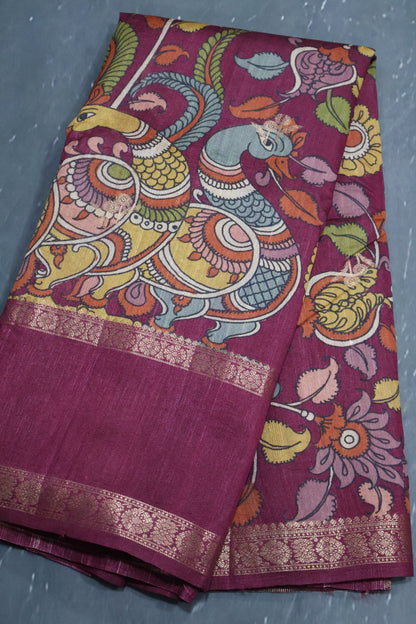 Pure Tussar Saree -Magenta Kalamkari Border