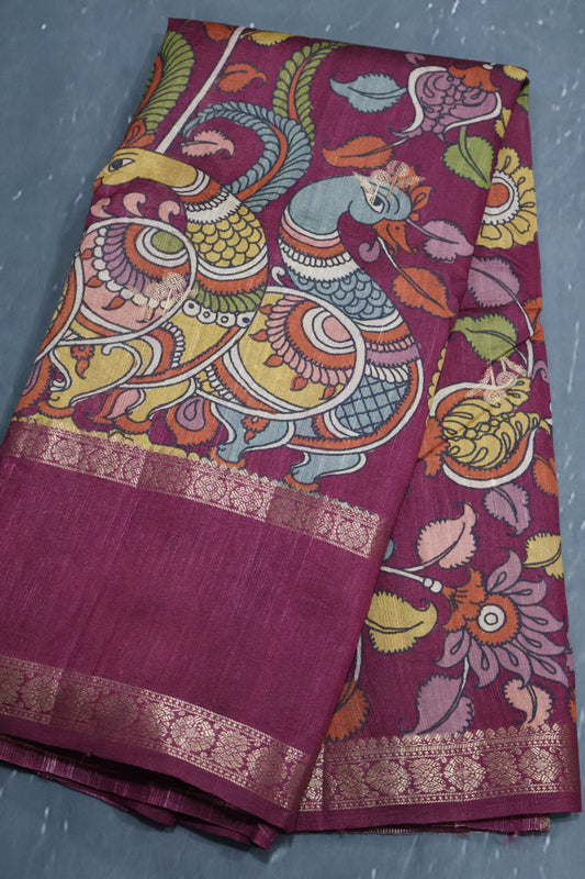 Pure Tussar Saree -Magenta Kalamkari Border
