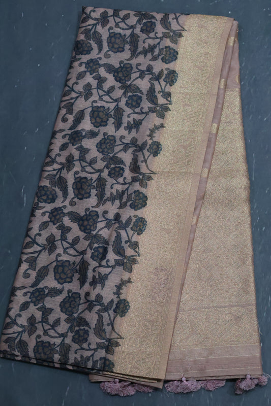 Banarasi Chanderi Saree-Lite Brown Leafy Flower Design