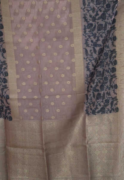 Banarasi Chanderi Saree-Lite Brown Leafy Flower Design