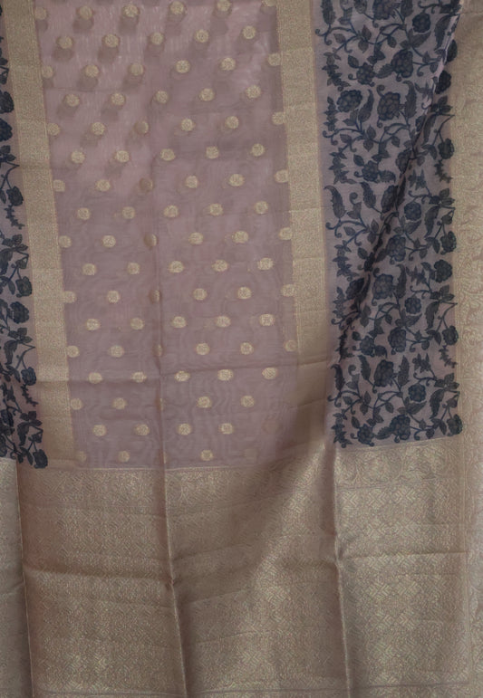 Banarasi Chanderi Saree-Lite Brown Leafy Flower Design