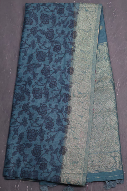 Banarasi Chanderi Saree-Blue Leafy Flower Design