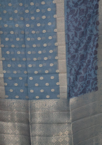 Banarasi Chanderi Saree-Blue Leafy Flower Design