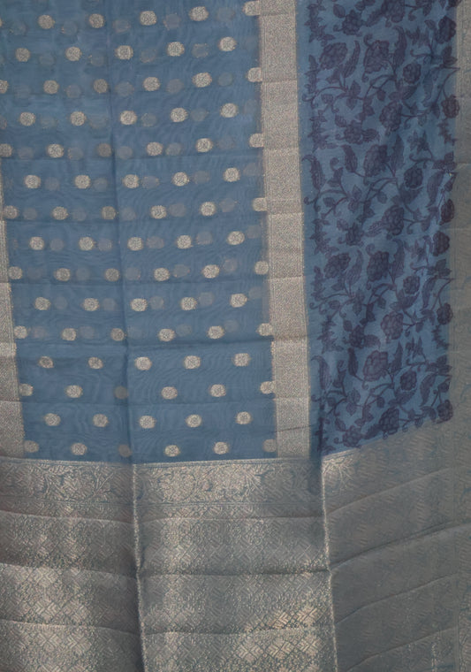 Banarasi Chanderi Saree-Blue Leafy Flower Design