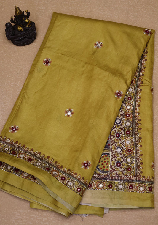 Pure Tussar Saree-Mustard Chakram Mirror With Kantha Work