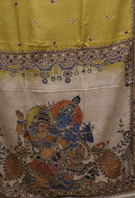 Pure Tussar Saree-Mustard Chakram Mirror With Kantha Work