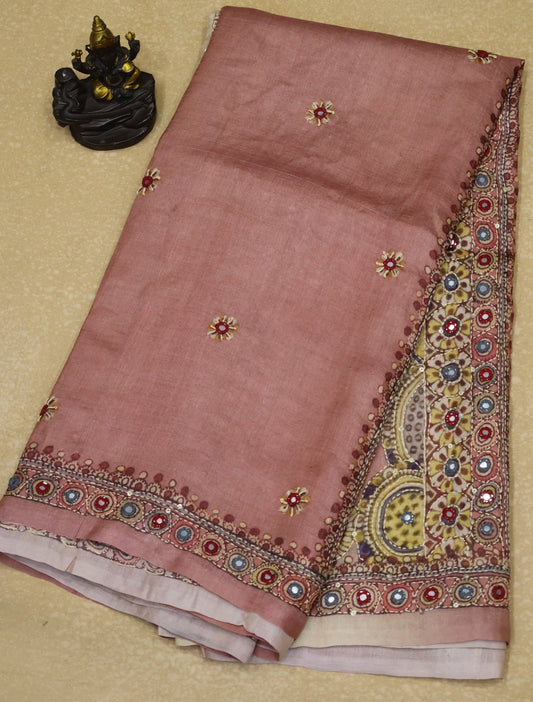 Pure Tussar Saree-Rose Chakram Mirror With Kantha Work