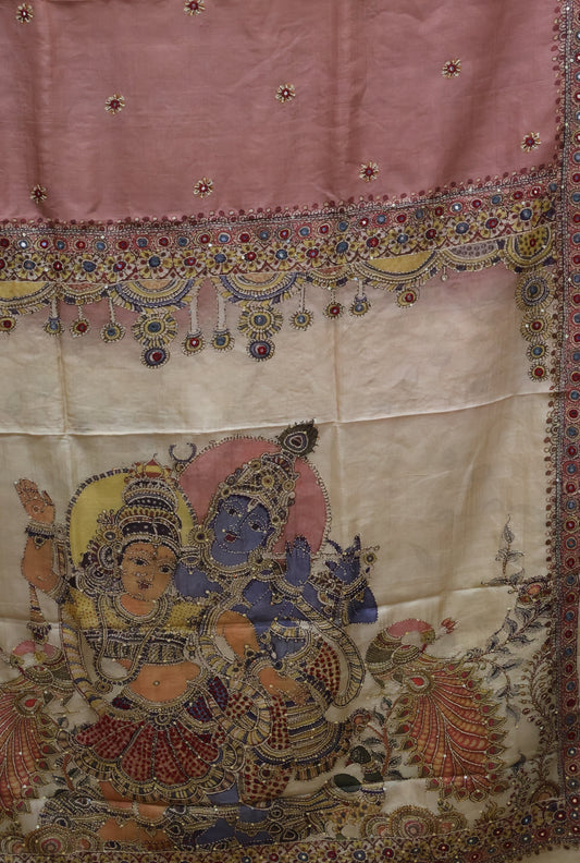 Pure Tussar Saree-Rose Chakram Mirror With Kantha Work