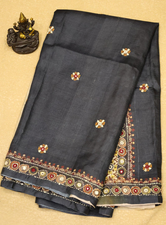 Pure Tussar Saree-Black Chakram Mirror With Kantha Work
