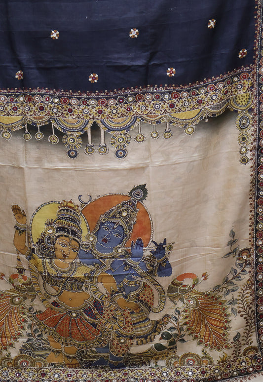 Pure Tussar Saree-Black Chakram Mirror With Kantha Work