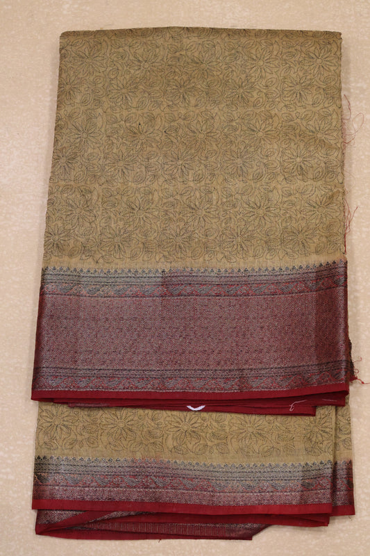 Bamboo Silk Saree-Dark Sandal Sunflower Design