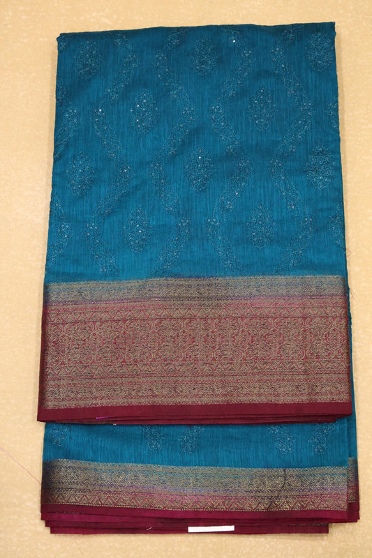 Bamboo Silk Saree-Peacock Blue Sequence Work