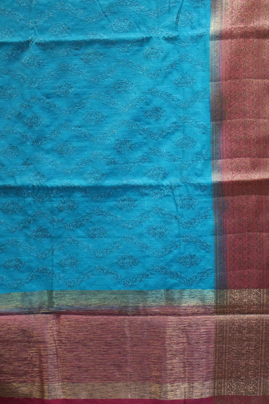 Bamboo Silk Saree-Peacock Blue Sequence Work