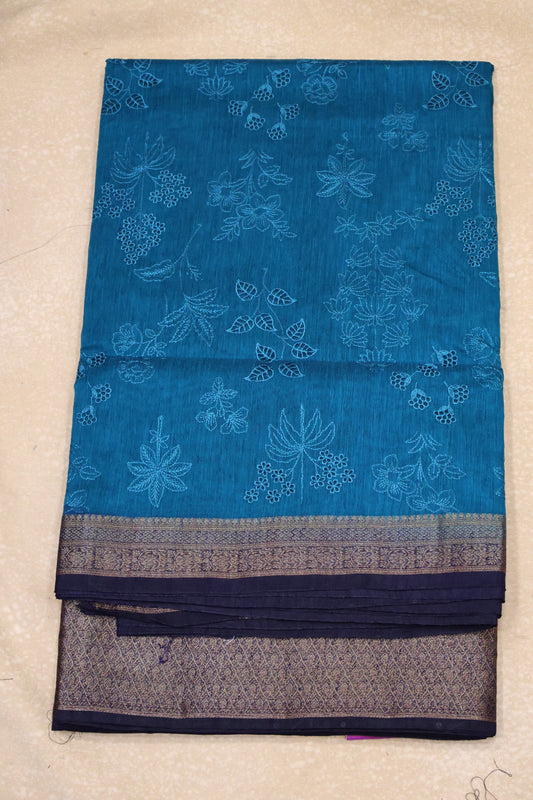 Bamboo Silk Saree-Ramar Blue Floral Embroider