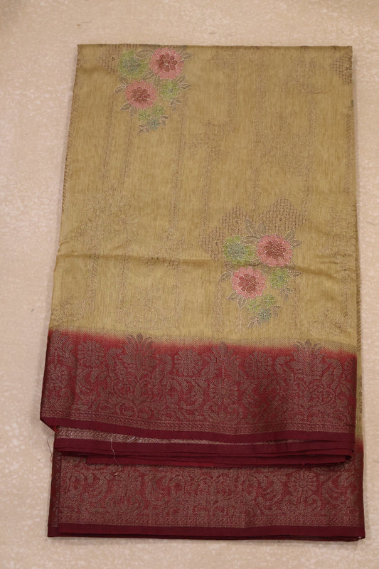 Bamboo Silk Saree-Sandal Floral Embryoid