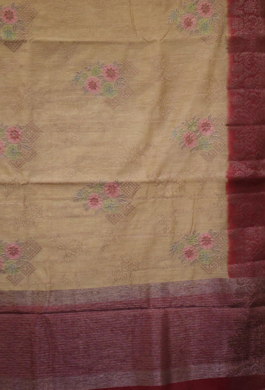 Bamboo Silk Saree-Sandal Floral Embryoid